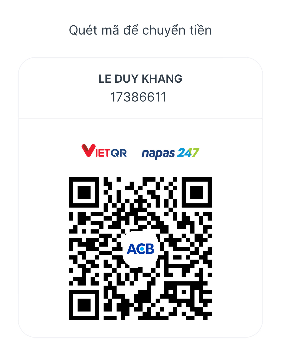 Mã QR chuyển khoản ACB cho Lê Duy Khang